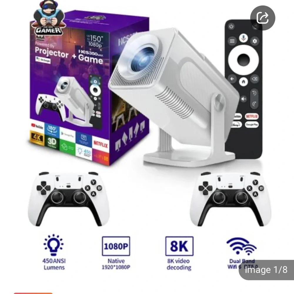 White Projector with Remote and Controllers